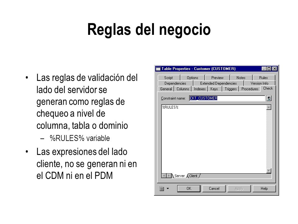 Reglas del negocio Las reglas de validación del lado del servidor se generan como reglas de chequeo a nivel de columna, tabla o dominio.