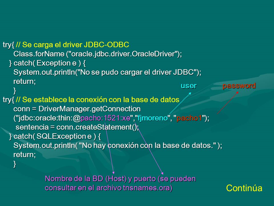Continúa try{ // Se carga el driver JDBC-ODBC