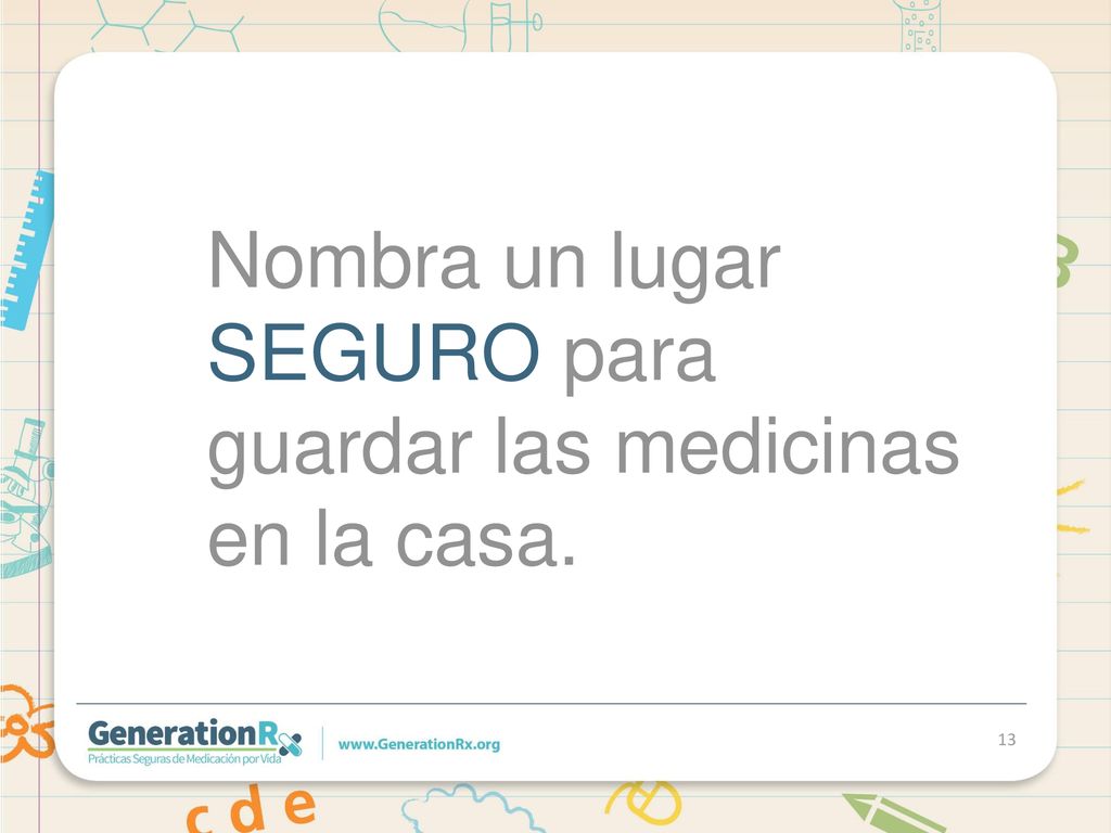 Nombra un lugar SEGURO para guardar las medicinas en la casa.