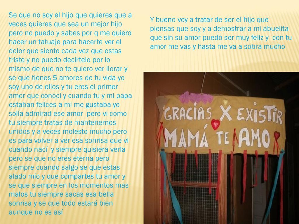 Se que no soy el hijo que quieres que a veces quieres que sea un mejor hijo pero no puedo y sabes por q me quiero hacer un tatuaje para hacerte ver el dolor que siento cada vez que estas triste y no puedo decírtelo por lo mismo de que no te quiero ver llorar y se que tienes 5 amores de tu vida yo soy uno de ellos y tu eres el primer amor que conocí y cuando tu y mi papa estaban felices a mi me gustaba yo solía admirad ese amor pero vi como tu siempre tratas de mantenernos unidos y a veces molesto mucho pero es para volver a ver esa sonrisa que vi cuando nací y siempre quisiera verla pero se que no eres eterna pero siempre cuando salgo se que estas alado mío y que compartes tu amor y se que siempre en los momentos mas malos tu siempre sacas esa bella sonrisa y se que todo estará bien aunque no es así