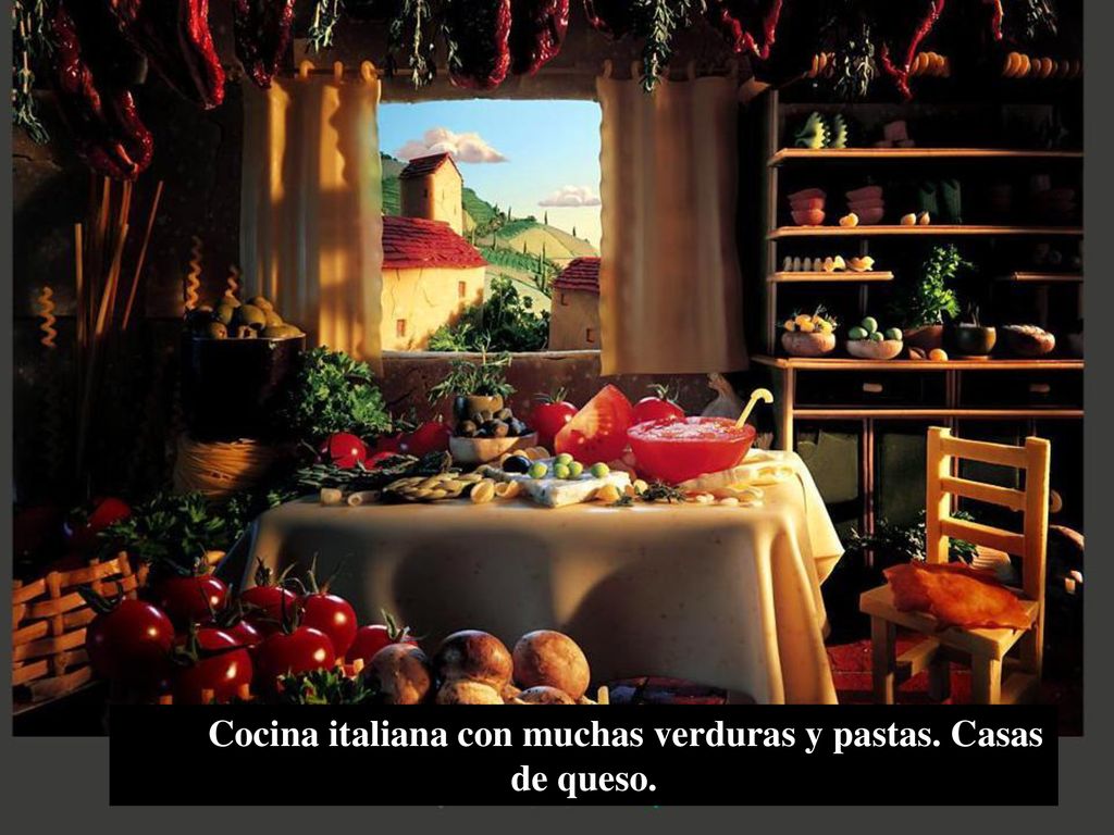 Cocina italiana con muchas verduras y pastas. Casas de queso.