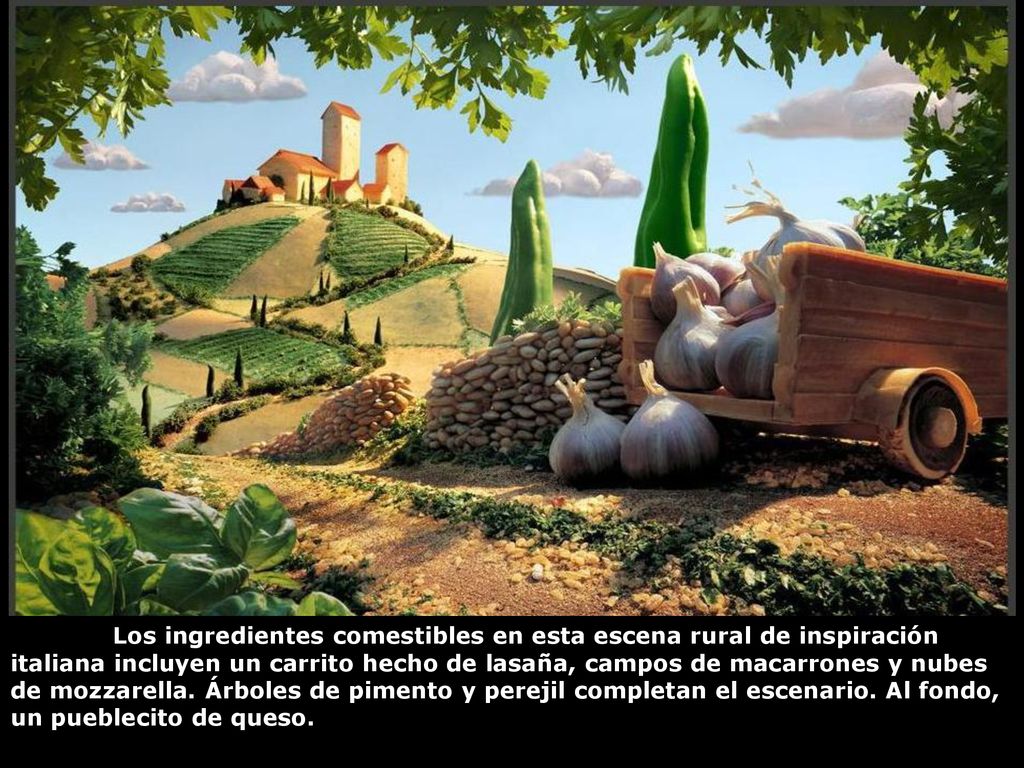 Los ingredientes comestibles en esta escena rural de inspiración italiana incluyen un carrito hecho de lasaña, campos de macarrones y nubes de mozzarella.