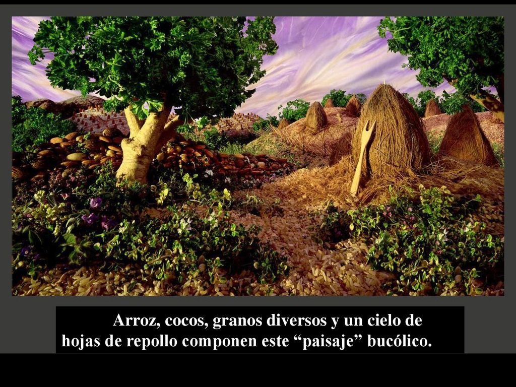 Arroz, cocos, granos diversos y un cielo de hojas de repollo componen este paisaje bucólico.
