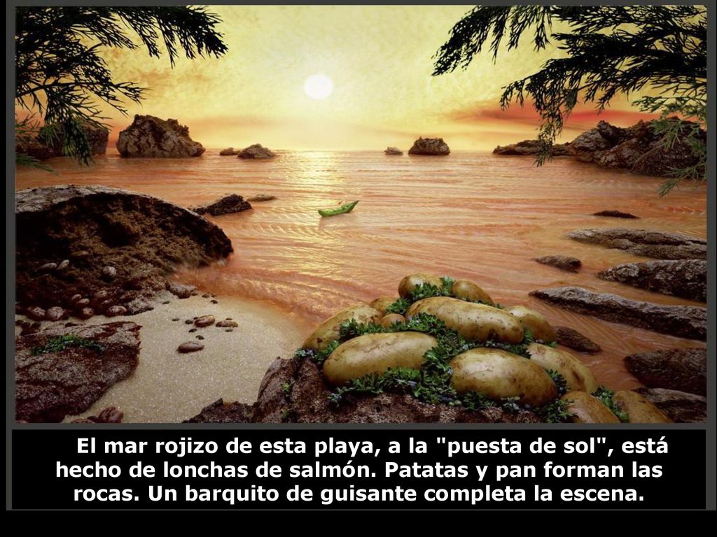 El mar rojizo de esta playa, a la puesta de sol , está hecho de lonchas de salmón.
