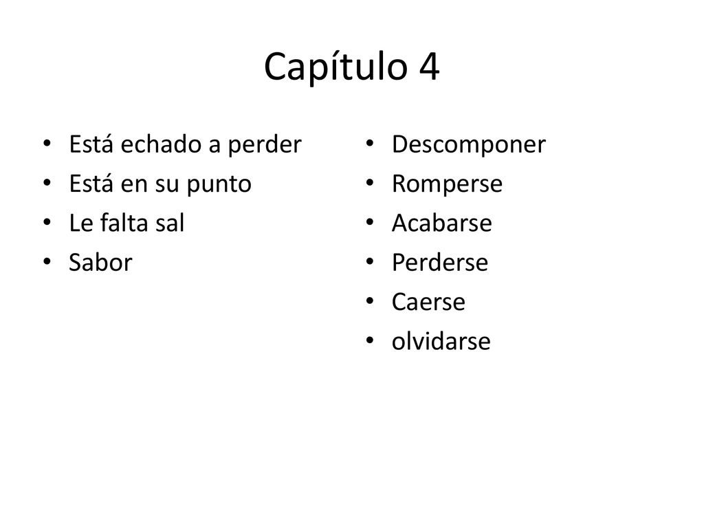 Capítulo 4 Está echado a perder Está en su punto Le falta sal Sabor