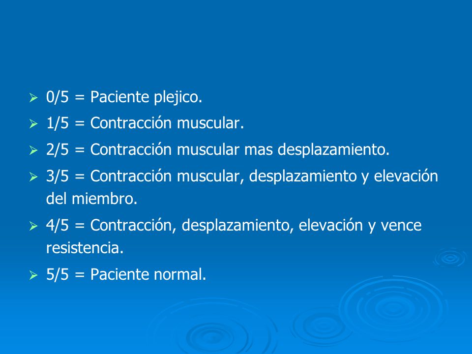 0/5 = Paciente plejico. 1/5 = Contracción muscular. 2/5 = Contracción muscular mas desplazamiento.