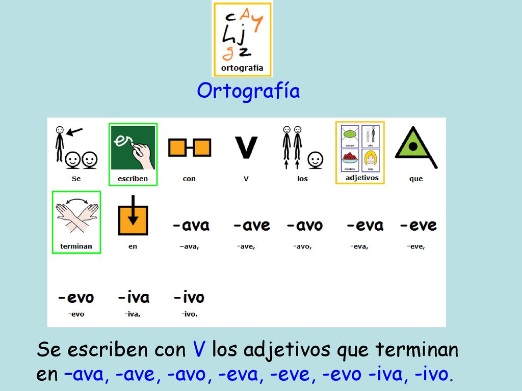 Ortografía Se escriben con V los adjetivos que terminan en –ava, -ave, -avo, -eva, -eve, -evo -iva, -ivo.