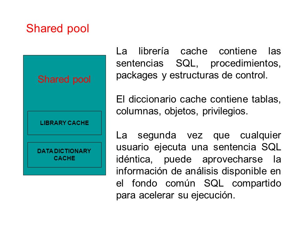Shared pool La librería cache contiene las sentencias SQL, procedimientos, packages y estructuras de control.