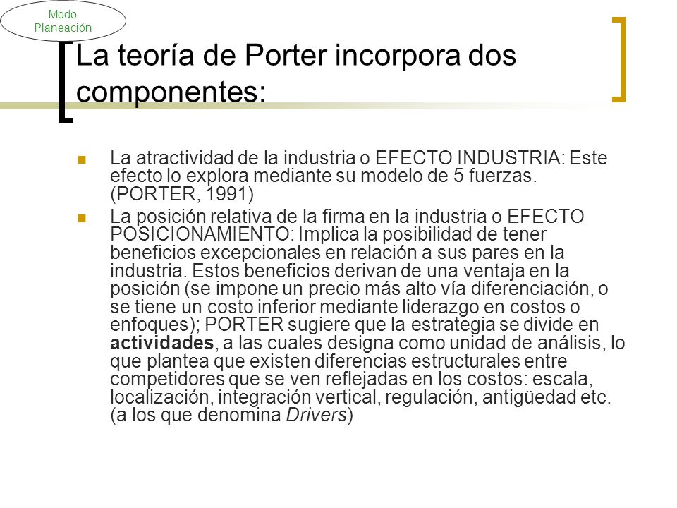 La teoría de Porter incorpora dos componentes: