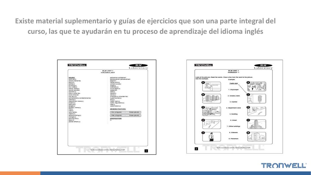 Existe material suplementario y guías de ejercicios que son una parte integral del curso, las que te ayudarán en tu proceso de aprendizaje del idioma inglés