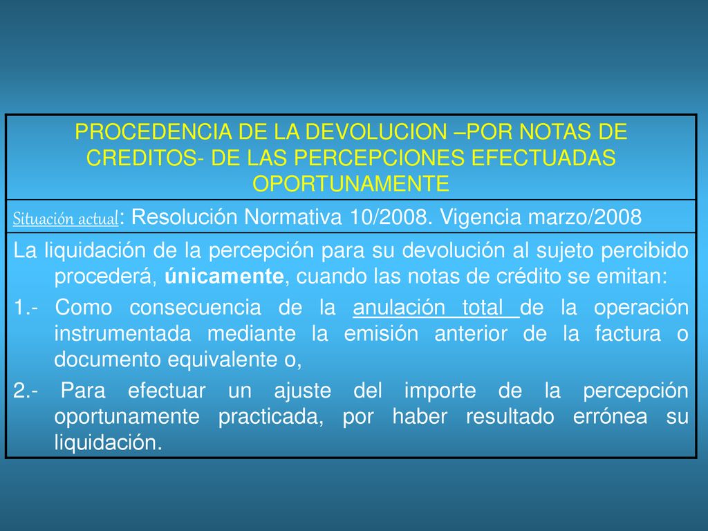 PROCEDENCIA DE LA DEVOLUCION –POR NOTAS DE CREDITOS- DE LAS PERCEPCIONES EFECTUADAS OPORTUNAMENTE