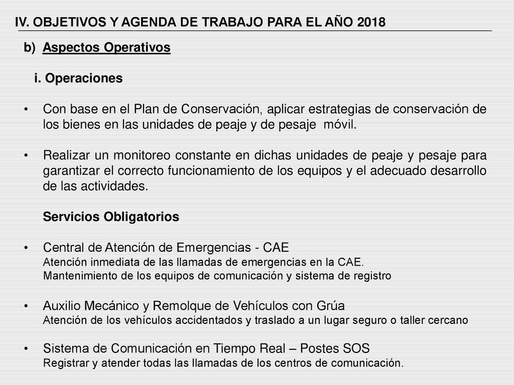 IV. OBJETIVOS Y AGENDA DE TRABAJO PARA EL AÑO 2018