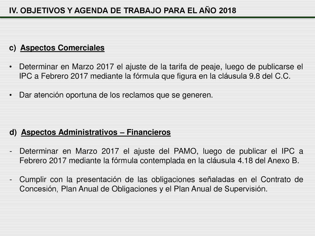 IV. OBJETIVOS Y AGENDA DE TRABAJO PARA EL AÑO 2018