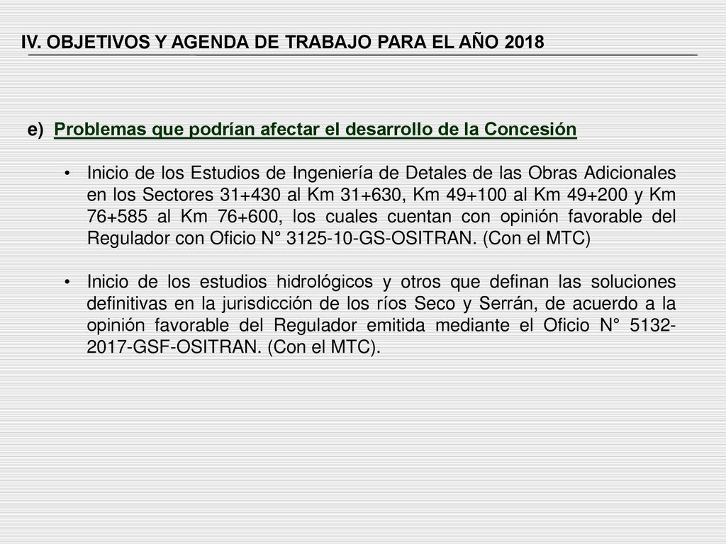 IV. OBJETIVOS Y AGENDA DE TRABAJO PARA EL AÑO 2018