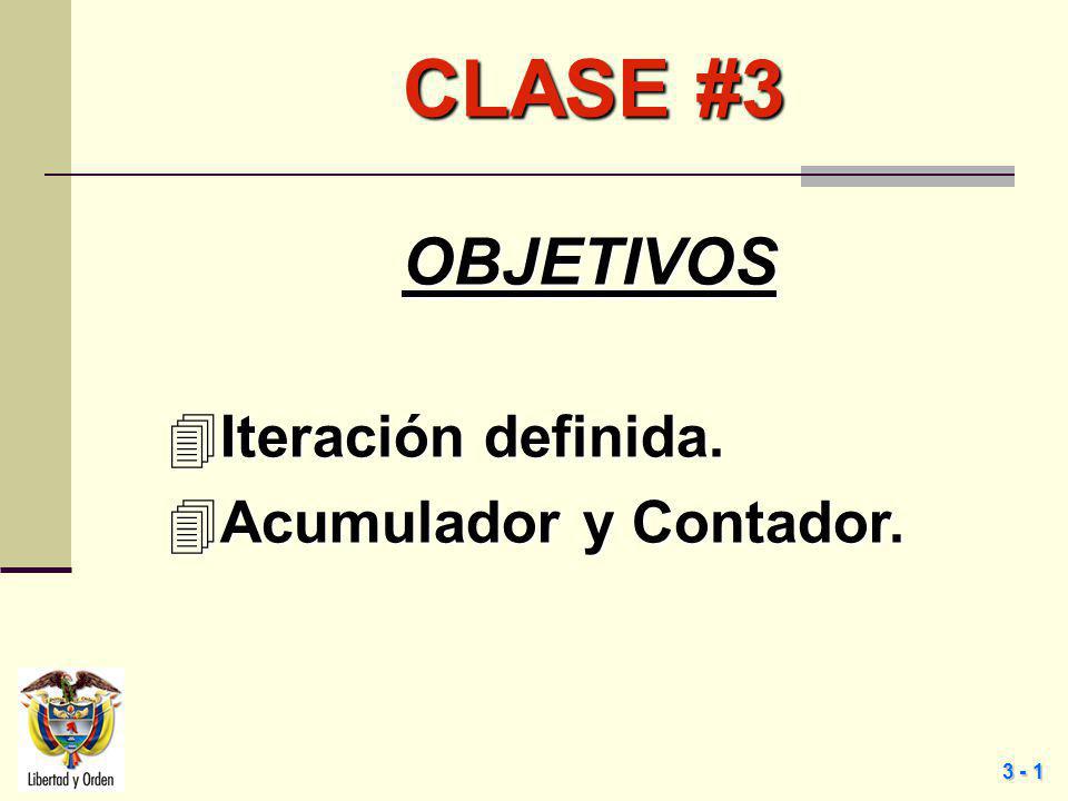 CLASE #3 OBJETIVOS Iteración definida. Acumulador y Contador.