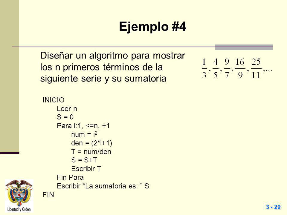 Ejemplo #4 Diseñar un algoritmo para mostrar los n primeros términos de la siguiente serie y su sumatoria.