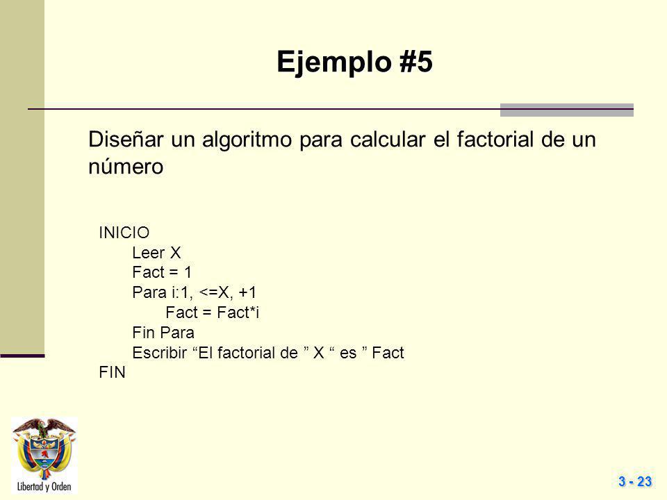 Ejemplo #5 Diseñar un algoritmo para calcular el factorial de un número. INICIO. Leer X. Fact = 1.