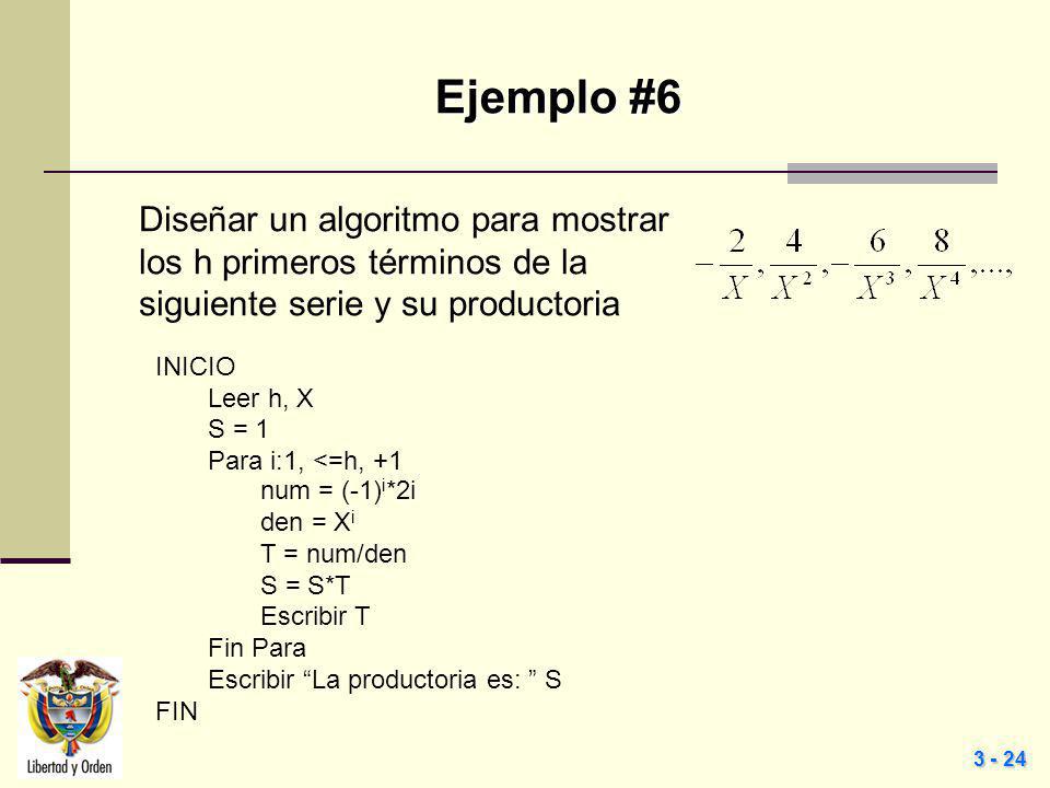 Ejemplo #6 Diseñar un algoritmo para mostrar los h primeros términos de la siguiente serie y su productoria.