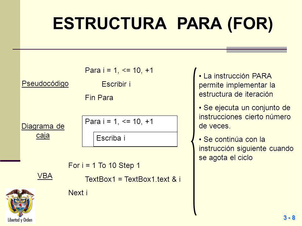 ESTRUCTURA PARA (FOR) Para i = 1, <= 10, +1 Escribir i