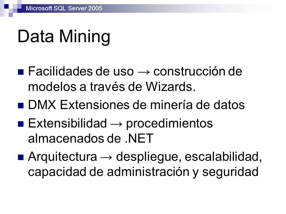 Microsoft SQL Server 2005 Data Mining. Facilidades de uso → construcción de modelos a través de Wizards.