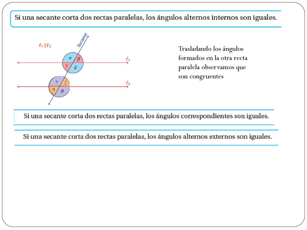 Trasladando los ángulos formados en la otra recta paralela observamos que son congruentes
