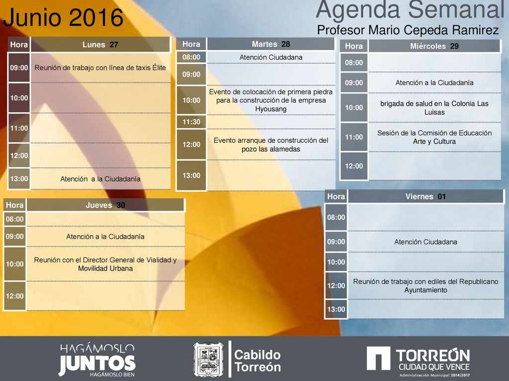 Agenda Semanal Junio 2016 Profesor Mario Cepeda Ramirez Cabildo