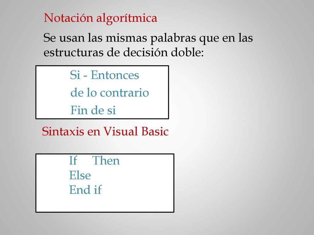 Notación algorítmica Se usan las mismas palabras que en las estructuras de decisión doble: Si - Entonces de lo contrario Fin de si