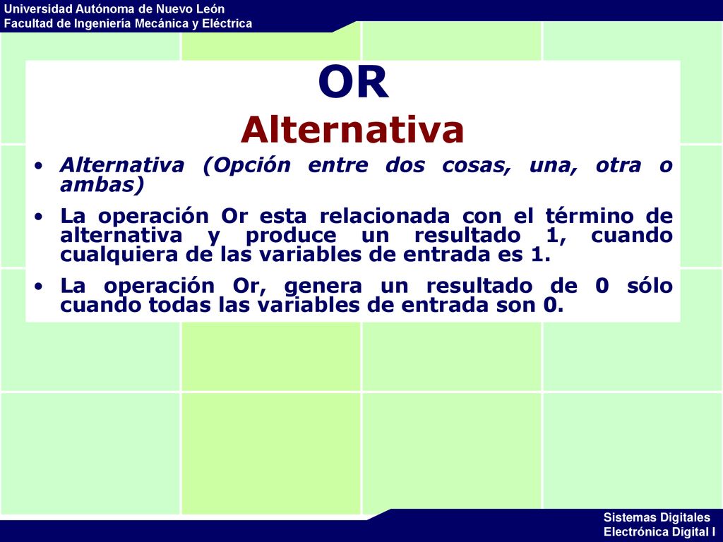 OR Alternativa Alternativa (Opción entre dos cosas, una, otra o ambas)