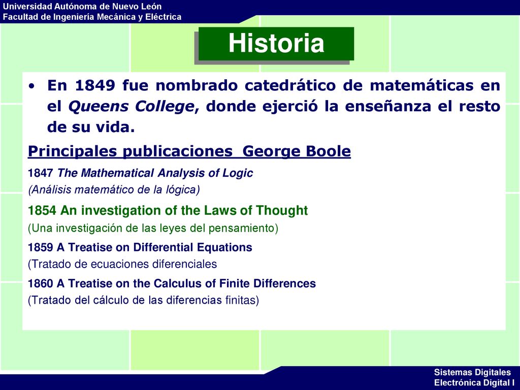 Historia En 1849 fue nombrado catedrático de matemáticas en el Queens College, donde ejerció la enseñanza el resto de su vida.