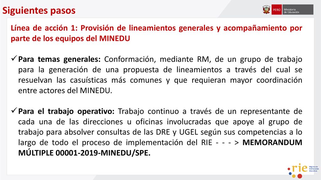 Siguientes pasos Línea de acción 1: Provisión de lineamientos generales y acompañamiento por parte de los equipos del MINEDU.