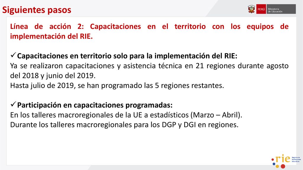 Siguientes pasos Línea de acción 2: Capacitaciones en el territorio con los equipos de implementación del RIE.