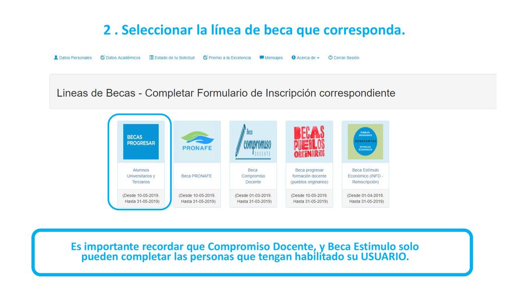 2 . Seleccionar la línea de beca que corresponda.