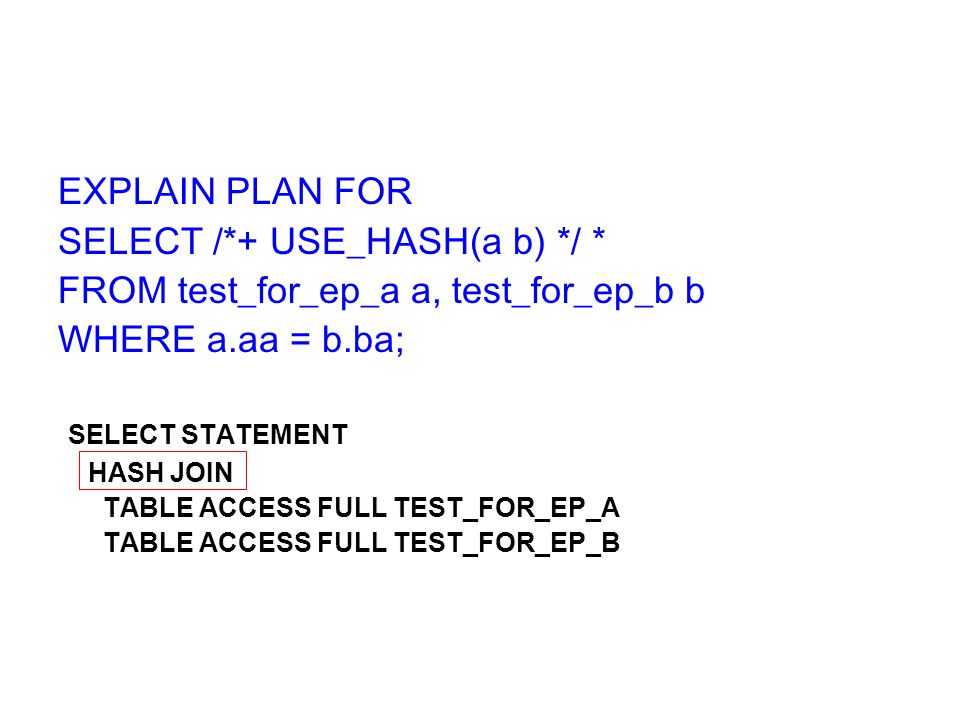 SELECT /*+ USE_HASH(a b) */ * FROM test_for_ep_a a, test_for_ep_b b