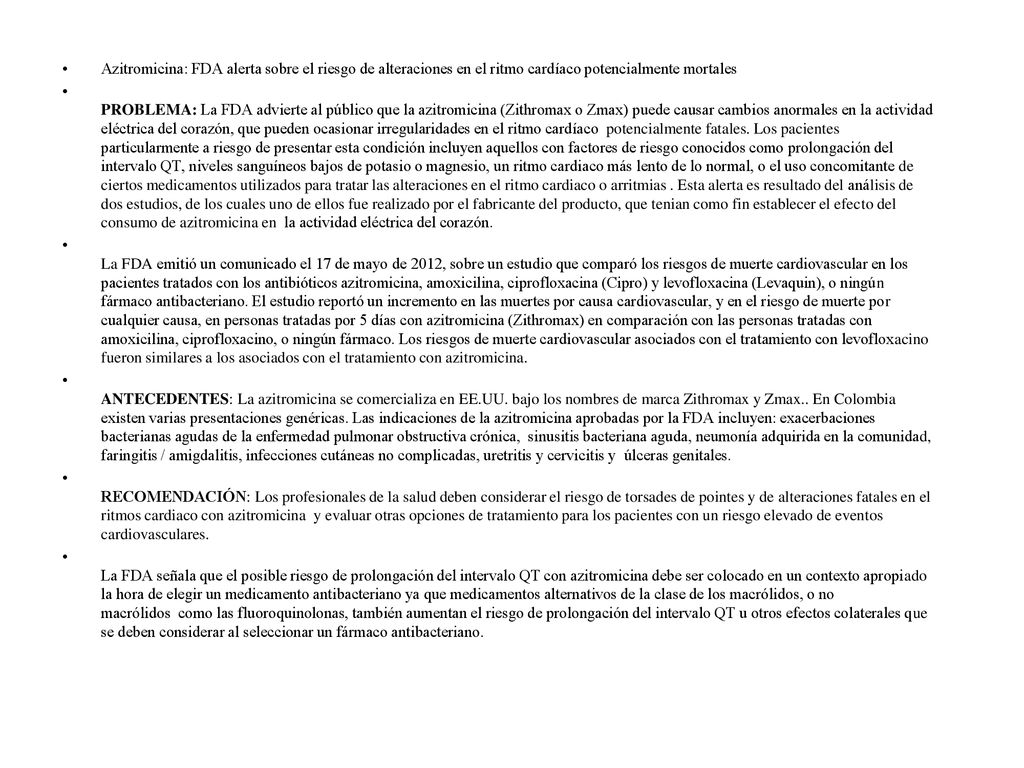 Azitromicina: FDA alerta sobre el riesgo de alteraciones en el ritmo cardíaco potencialmente mortales