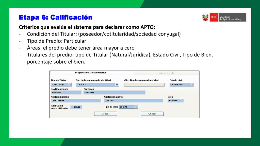 Etapa 6: Calificación Criterios que evalúa el sistema para declarar como APTO: Condición del Titular: (poseedor/cotitularidad/sociedad conyugal)