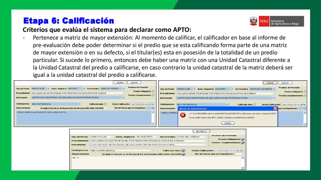 Etapa 6: Calificación Criterios que evalúa el sistema para declarar como APTO: