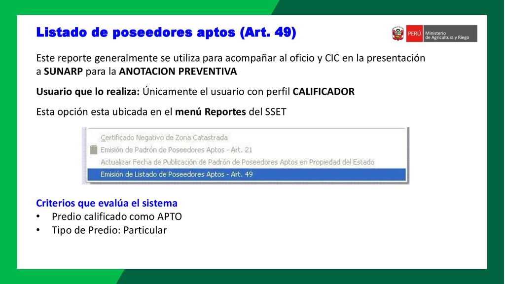 Listado de poseedores aptos (Art. 49)