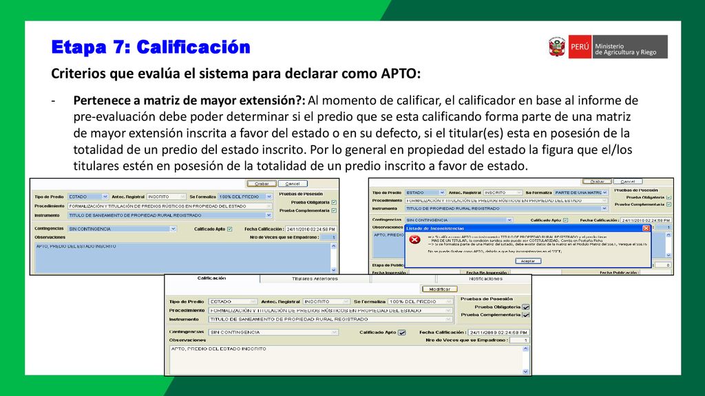 Etapa 7: Calificación Criterios que evalúa el sistema para declarar como APTO: