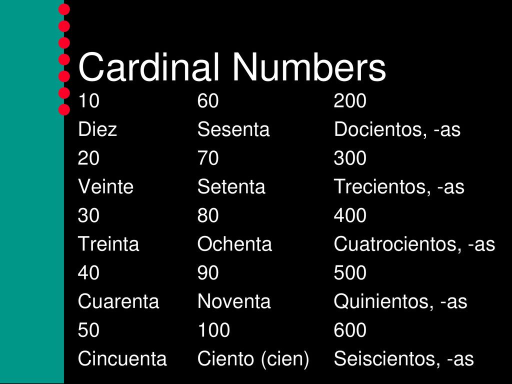 Cardinal Numbers 10 Diez 20 Veinte 30 Treinta 40 Cuarenta 50 Cincuenta