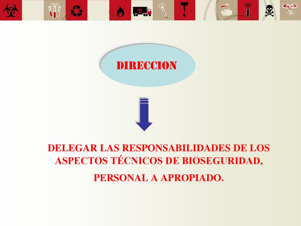 DIRECCION DELEGAR LAS RESPONSABILIDADES DE LOS ASPECTOS TÉCNICOS DE BIOSEGURIDAD, PERSONAL A APROPIADO.