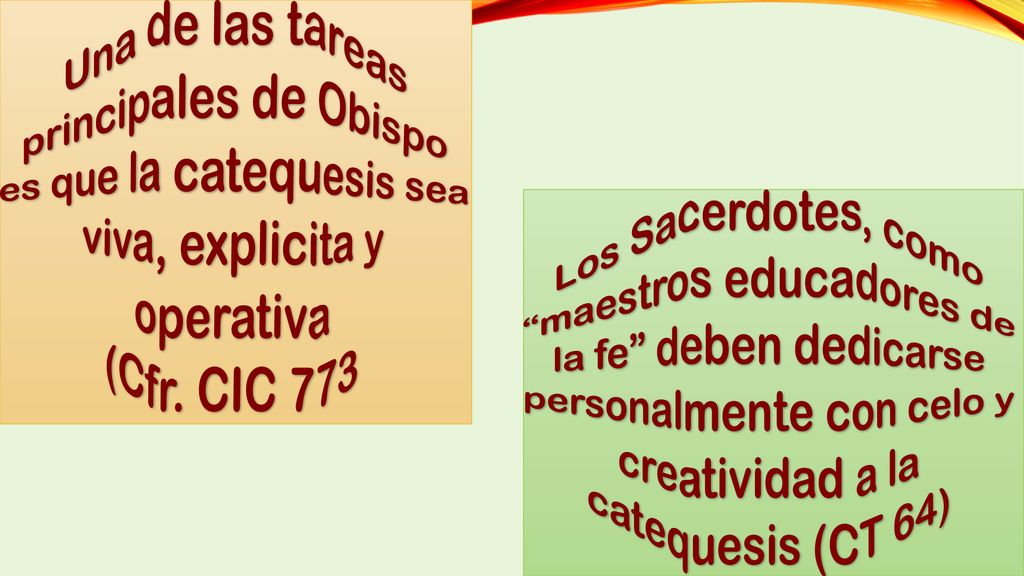 Una de las tareas principales de Obispo es que la catequesis sea viva, explicita y operativa (Cfr. CIC 773