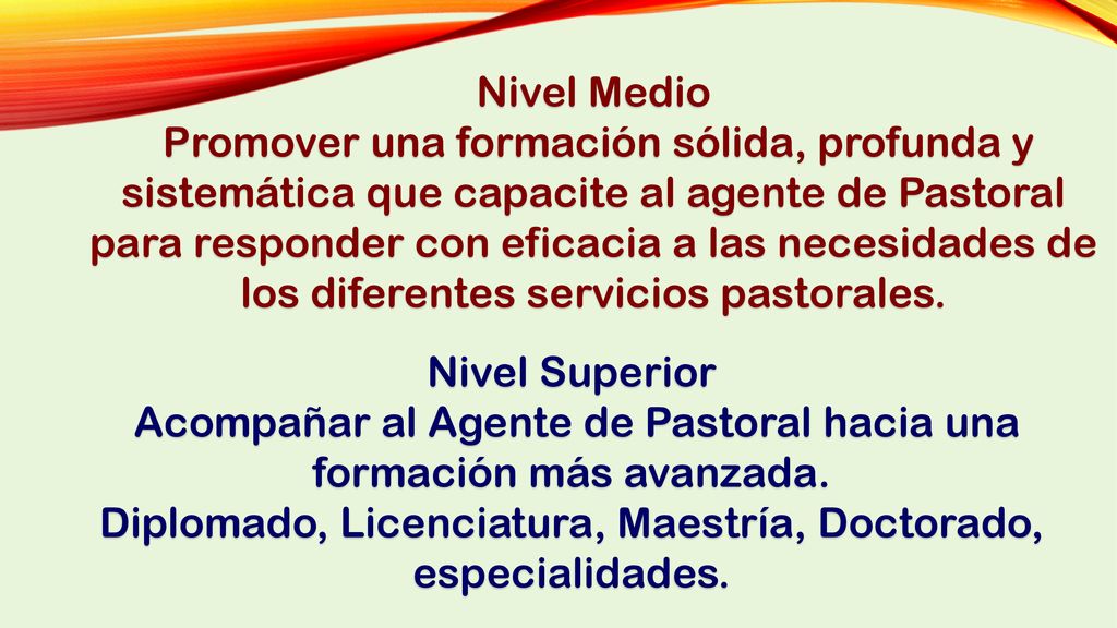 Acompañar al Agente de Pastoral hacia una formación más avanzada.