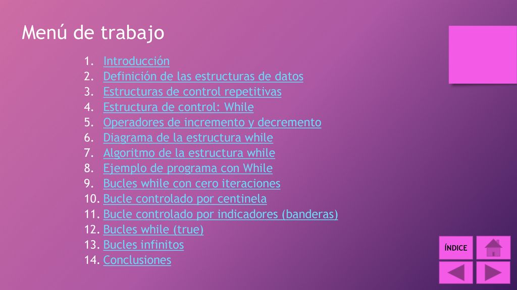 Menú de trabajo Introducción Definición de las estructuras de datos