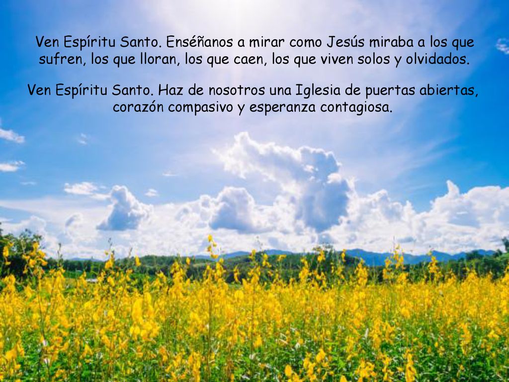Ven Espíritu Santo. Enséñanos a mirar como Jesús miraba a los que sufren, los que lloran, los que caen, los que viven solos y olvidados.