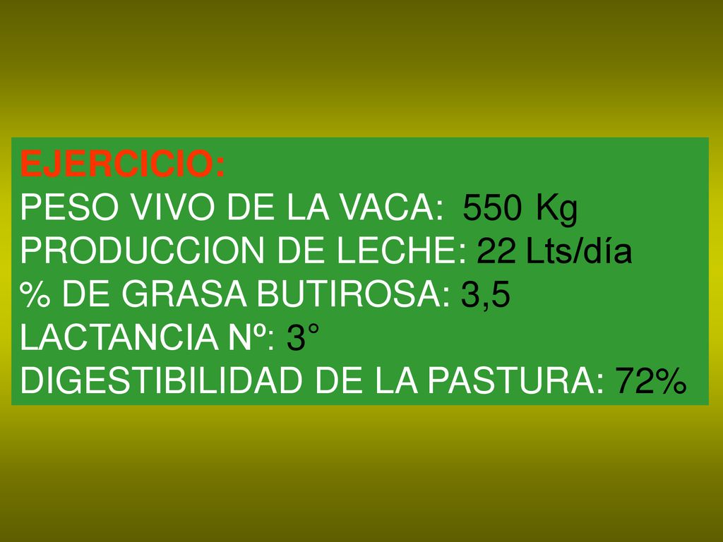 EJERCICIO: PESO VIVO DE LA VACA: 550 Kg. PRODUCCION DE LECHE: 22 Lts/día. % DE GRASA BUTIROSA: 3,5.
