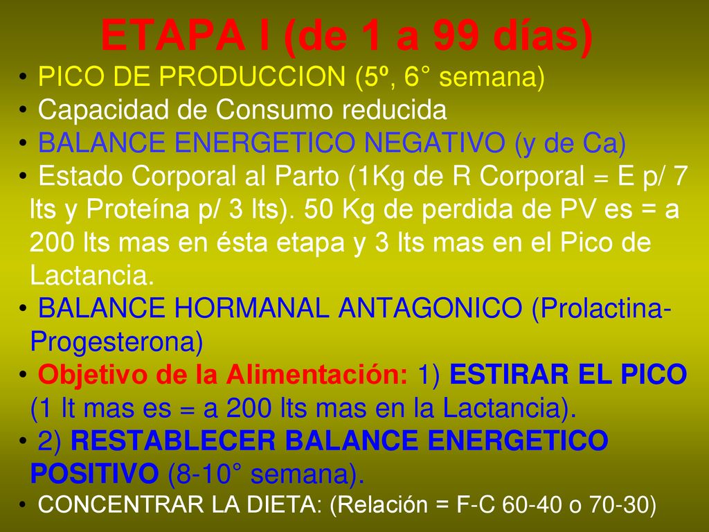 ETAPA I (de 1 a 99 días) PICO DE PRODUCCION (5º, 6° semana)