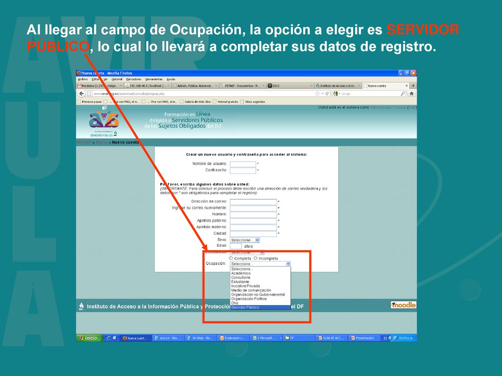 Al llegar al campo de Ocupación, la opción a elegir es SERVIDOR PÚBLICO, lo cual lo llevará a completar sus datos de registro.