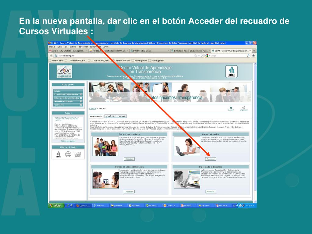 En la nueva pantalla, dar clic en el botón Acceder del recuadro de Cursos Virtuales :