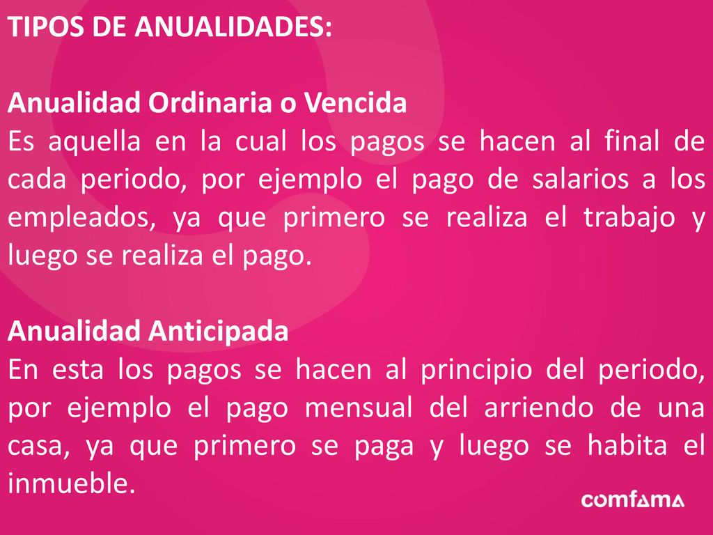 TIPOS DE ANUALIDADES: Anualidad Ordinaria o Vencida.