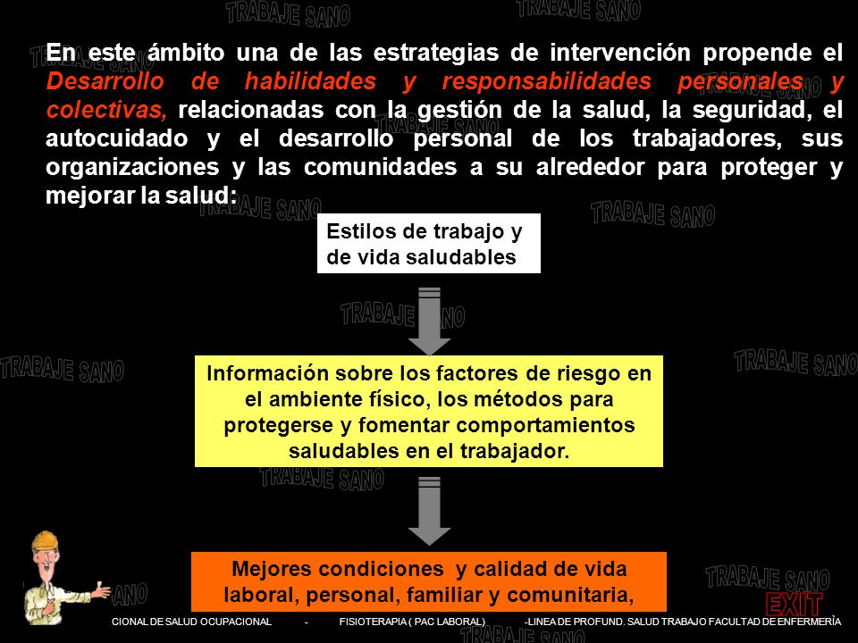 En este ámbito una de las estrategias de intervención propende el Desarrollo de habilidades y responsabilidades personales y colectivas, relacionadas con la gestión de la salud, la seguridad, el autocuidado y el desarrollo personal de los trabajadores, sus organizaciones y las comunidades a su alrededor para proteger y mejorar la salud: